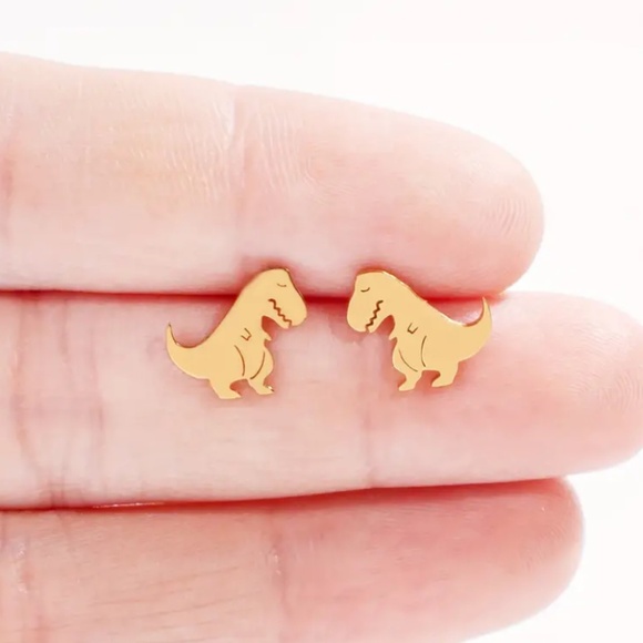 NEW Dainty Dinosaur stud Earrings Stainless Steel Gold color T Rex - Boutique - Picture 3 of 4